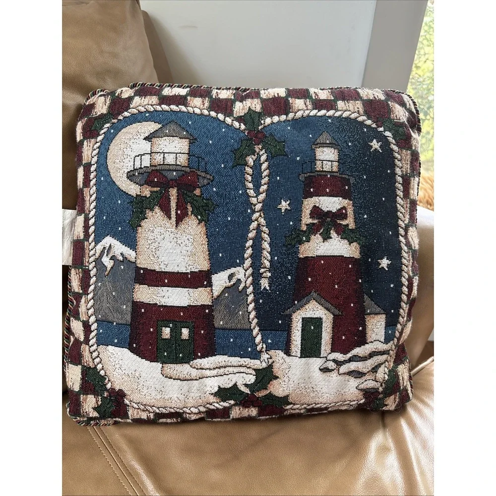Mohawk Throw Pillows Lot Of 2 Vintage Tapestry Holiday Winter Lighthouses 16x16‎